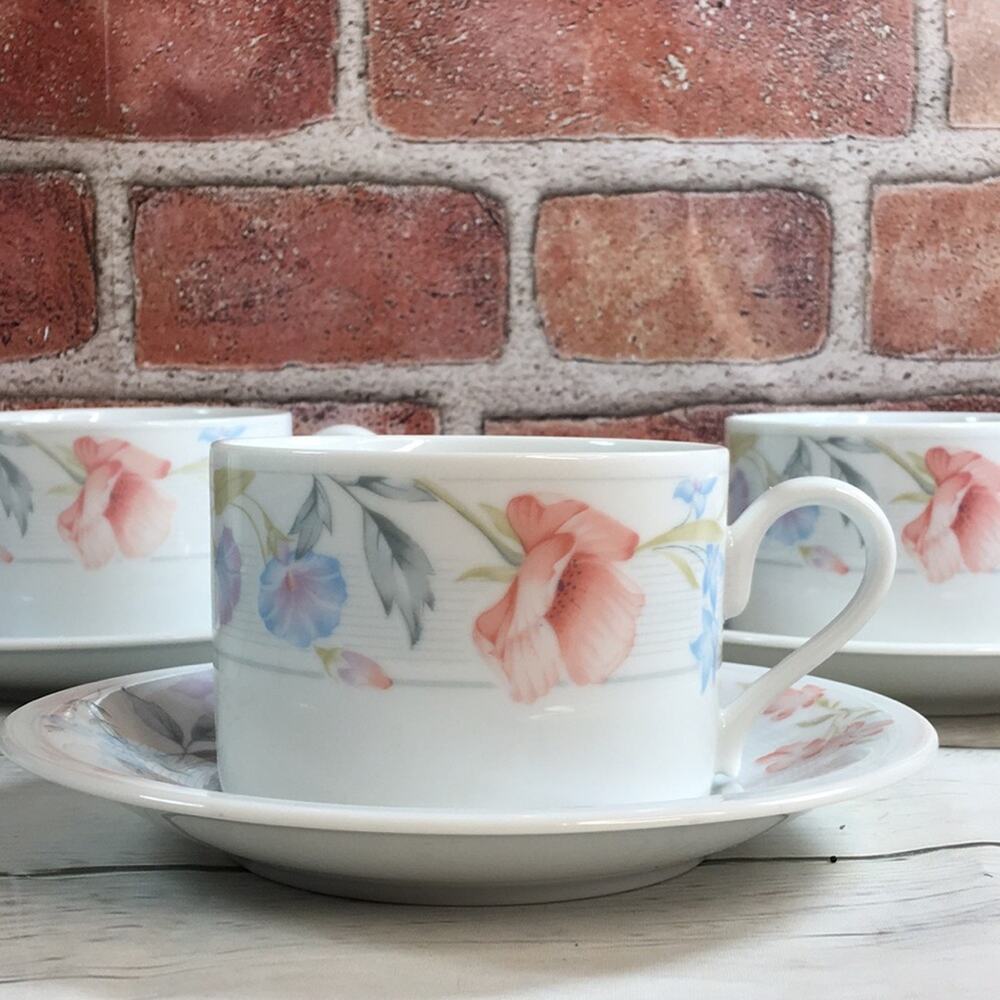 6 AMERICAN LIMOGES Flat Cup / Mug & Saucer Sets Flowers Pattern Fine Porcelain